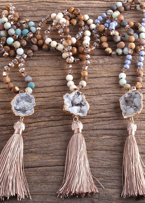 Boho Necklace, RH Amazonite Jasper, Crystal Tassel Brown Natural Stone
